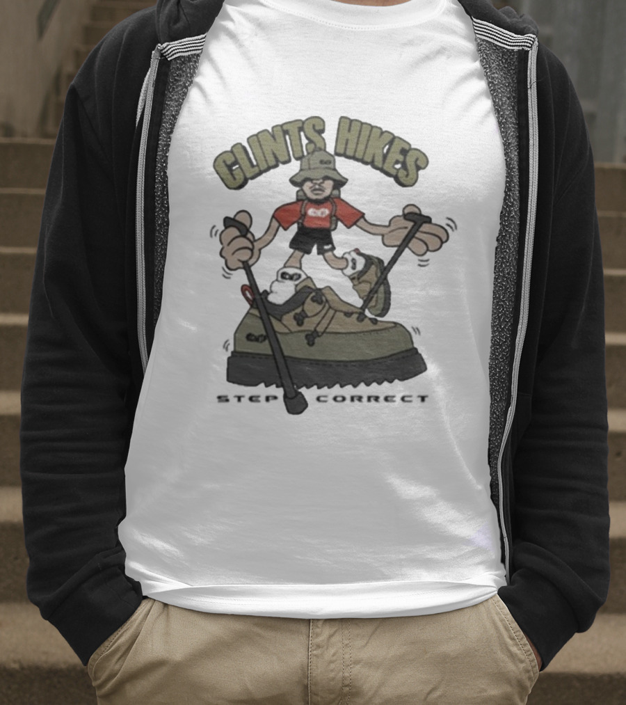CLINTS HIKES Cartoon Hiker With Walking Sticks And Boots T-Shirt