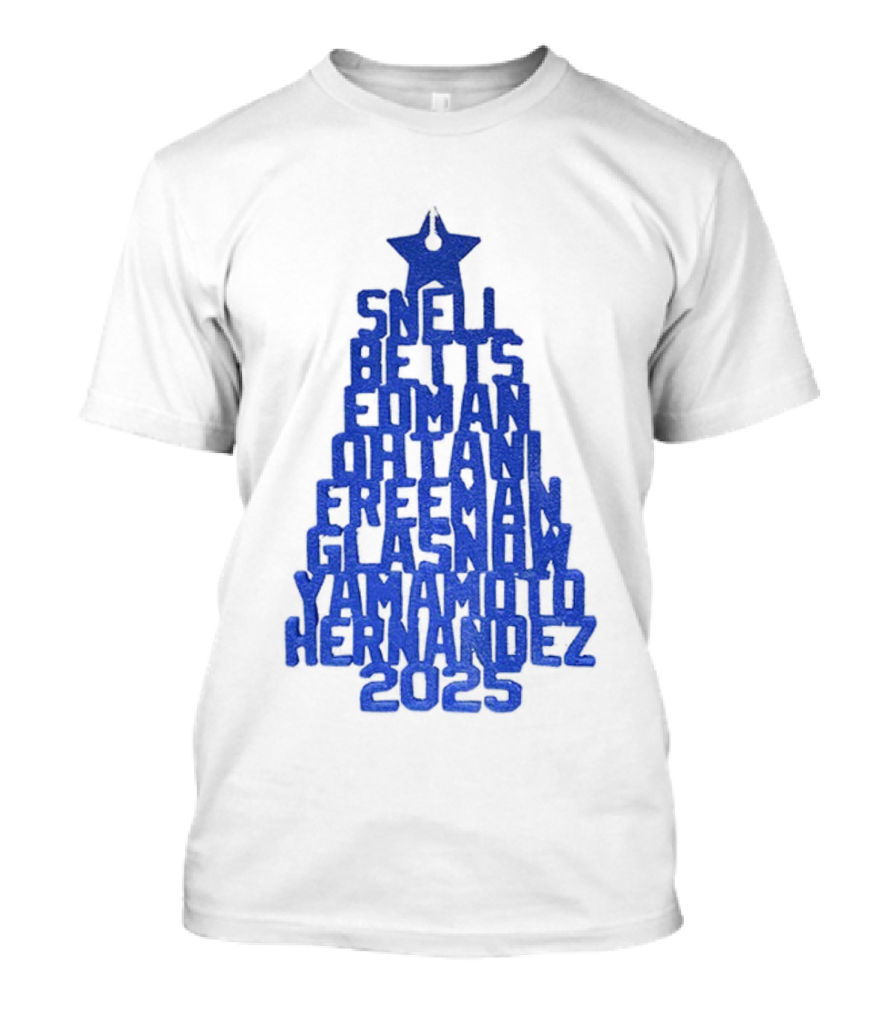 Los Angeles Dodgers Snell Betts Freeman Ohtani Freeman Glasnow Yamamoto Hernandez Christmas Tree 2025 T-Shirt