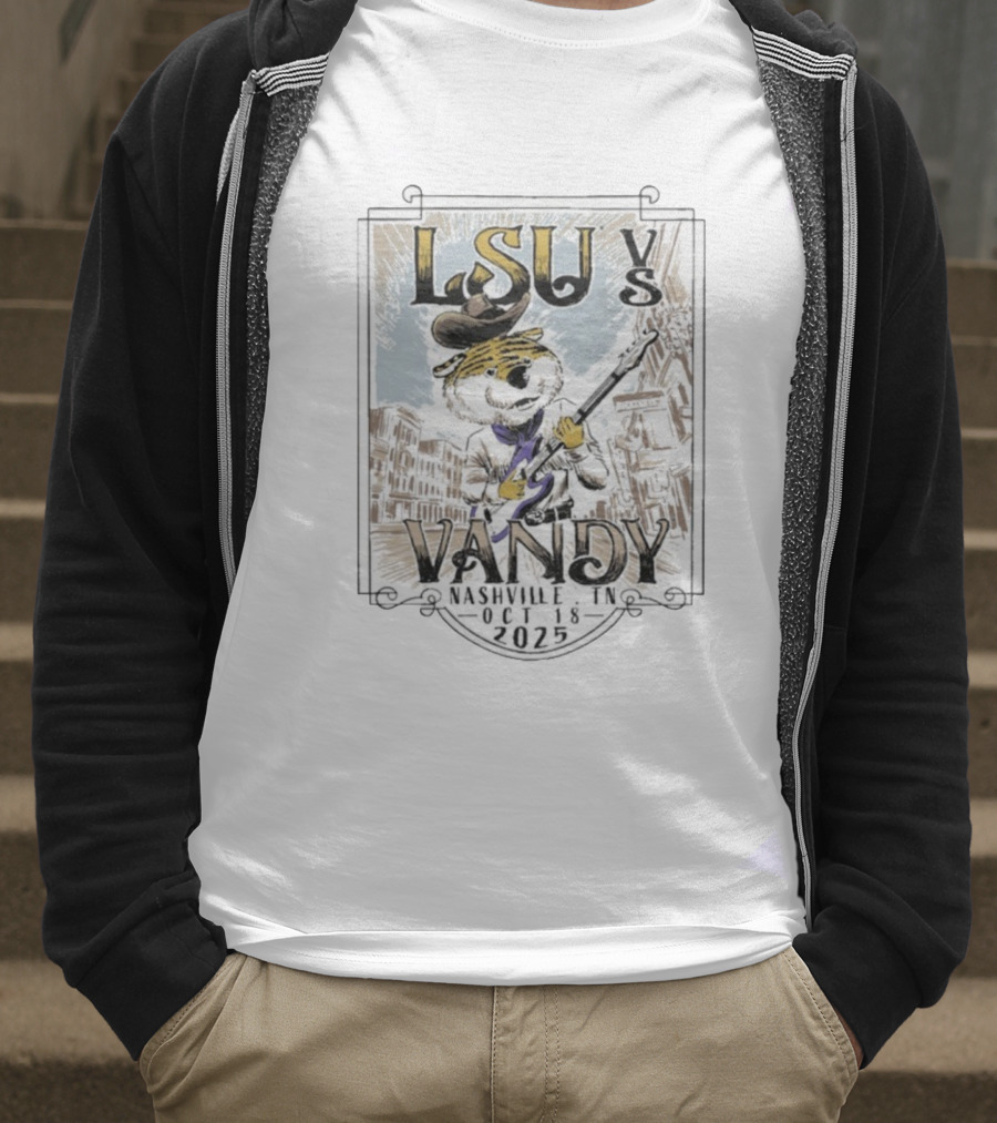 LSU Tigers Vs Vandy Vanderbilt Commodores Nashville TN Oct 18 2025 Mascot Guitar City Showdown T-Shirt