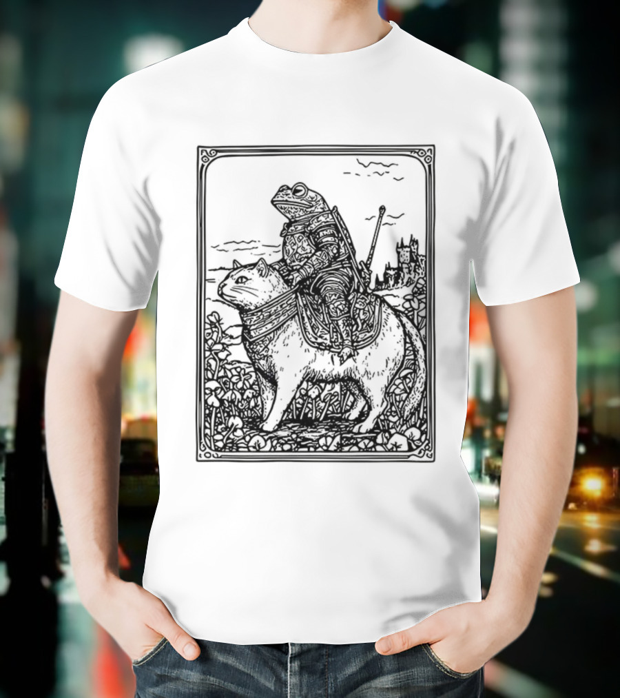 Medieval Frog Knight Riding A Cat In Armor Scene T-Shirt