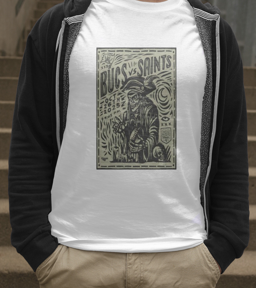 Bucs Vs Saints October 26 2025 4:05 P.M. 50 Seasons Pirate Skull Linocut T-Shirt