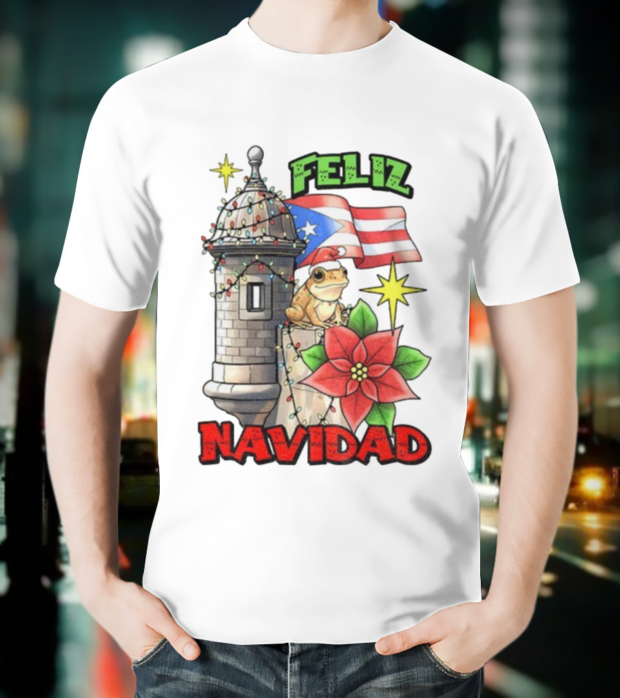 Puerto Rican Christmas Coqui Feliz Navidad Flag Poinsettia Lights T-Shirt