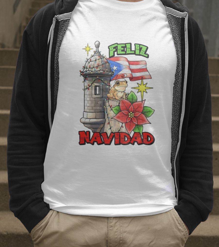 Puerto Rican Christmas Coqui Feliz Navidad Flag Poinsettia Lights T-Shirt