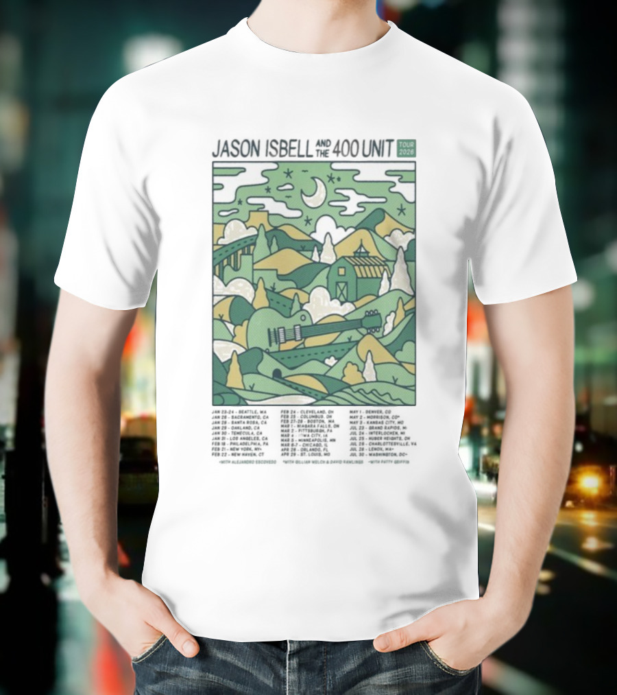 Jason Isbell And The 400 Unit 2026 Tour Scenic Guitar Landscape Moonlit Hills T-Shirt