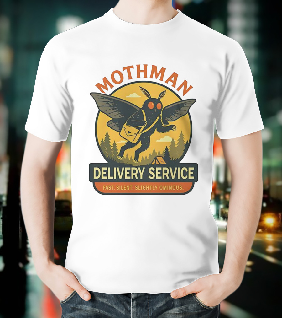 Mothman Delivery Service Fast Silent Slightly Ominous Retro Forest Imagery T-Shirt