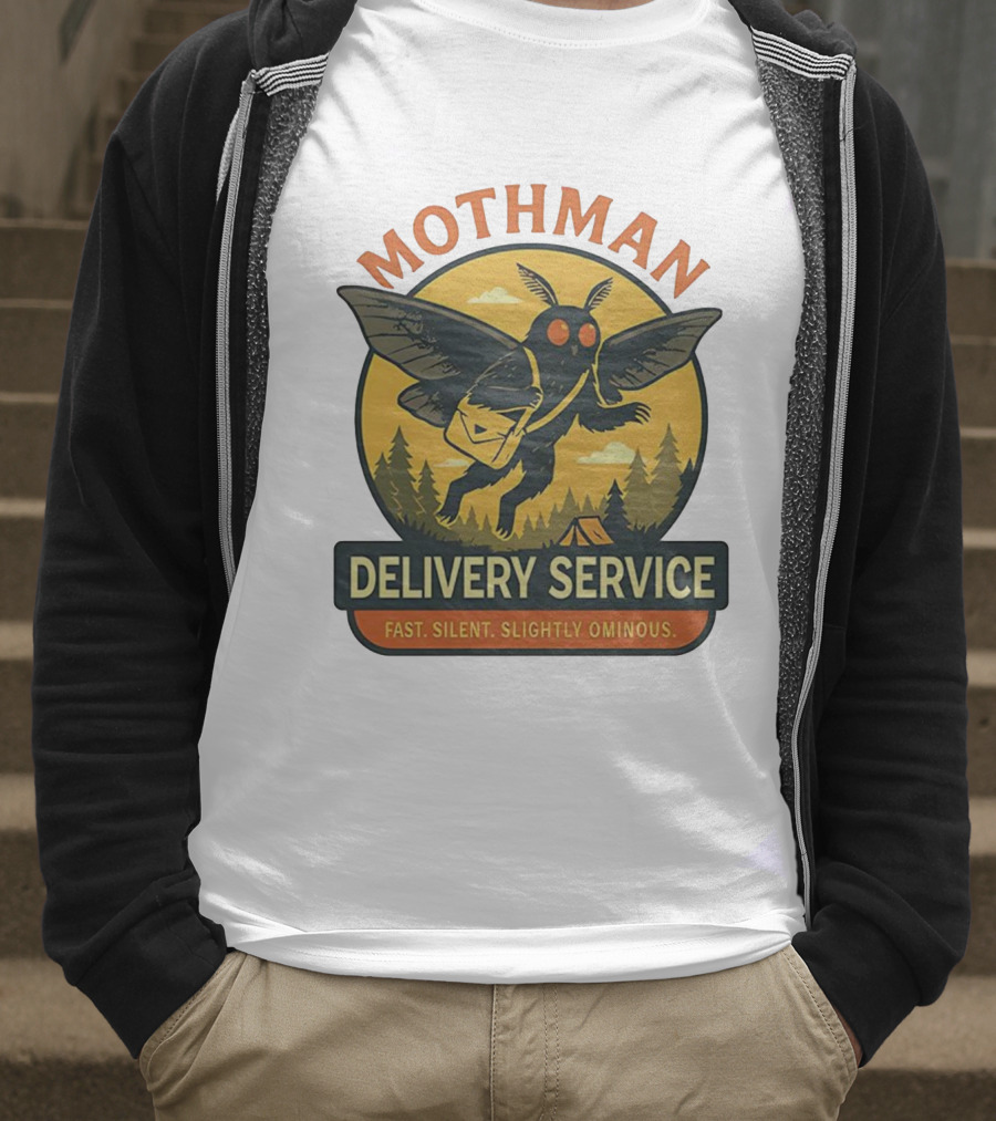 Mothman Delivery Service Fast Silent Slightly Ominous Retro Forest Imagery T-Shirt