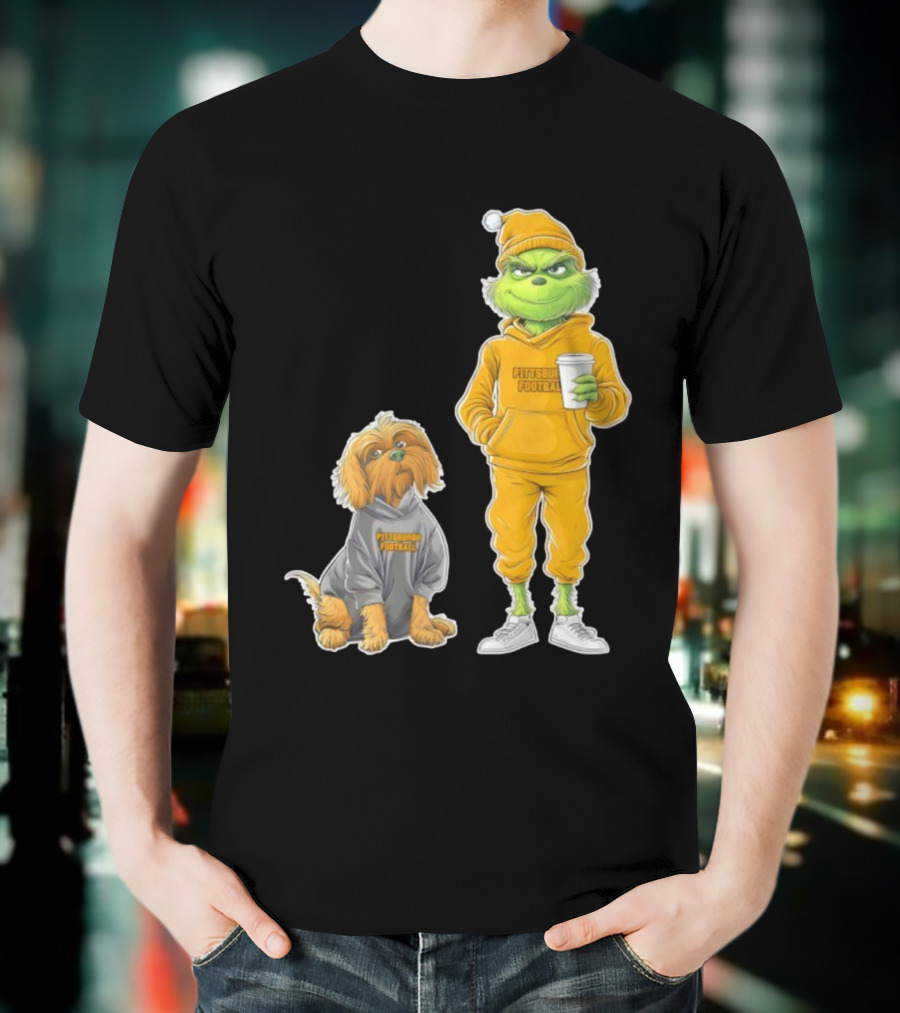 Pittsburgh Football Green Monster Grinch And Dog Christmas T-Shirt