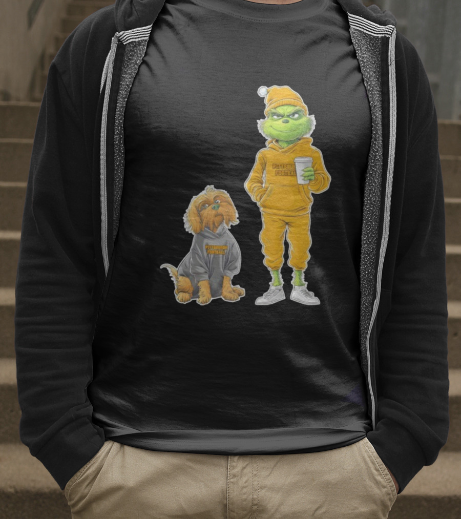 Pittsburgh Football Green Monster Grinch And Dog Christmas T-Shirt