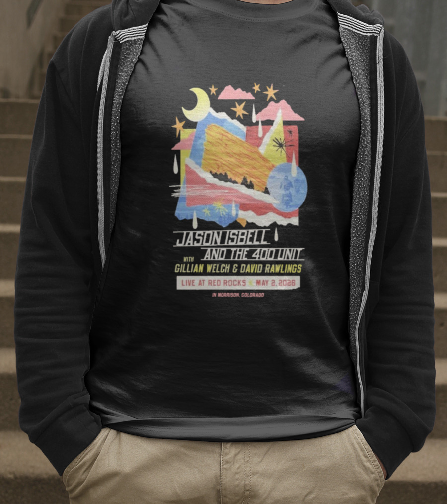 Jason Isbell And The 400 Unit Live Red Rocks May 2 2026 Gillian Welch David Rawlings Moon Stars T-Shirt