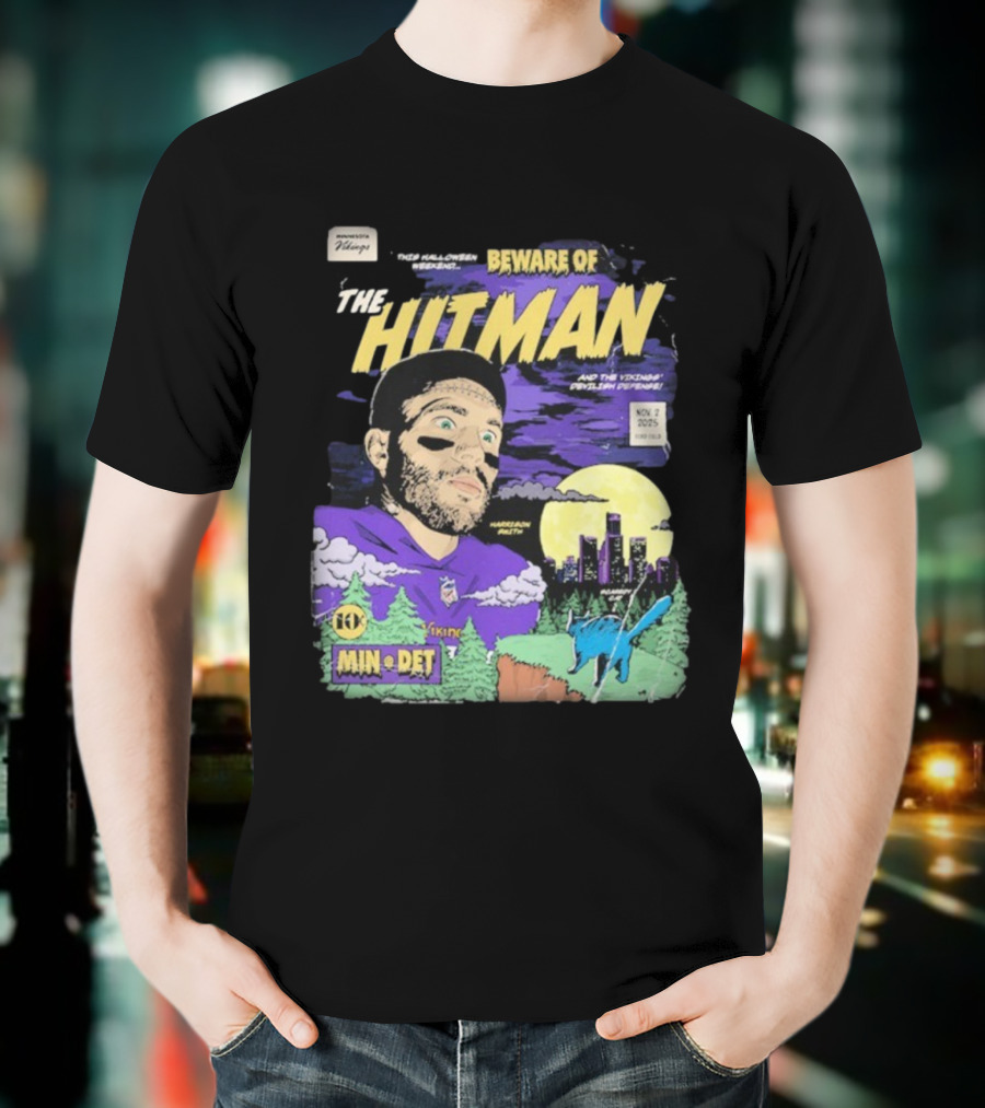 Minnesota Vikings Vs Detroit Lions Beware Of The Hitman NFL November 2 2025 Halloween Matchup Harrison Smith Vikings Defense Ford Field T-Shirt