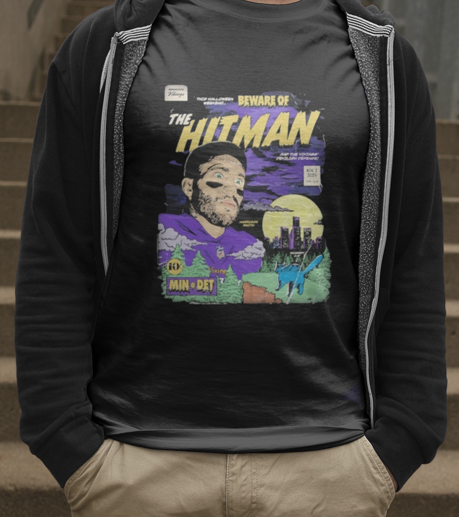 Minnesota Vikings Vs Detroit Lions Beware Of The Hitman NFL November 2 2025 Halloween Matchup Harrison Smith Vikings Defense Ford Field T-Shirt
