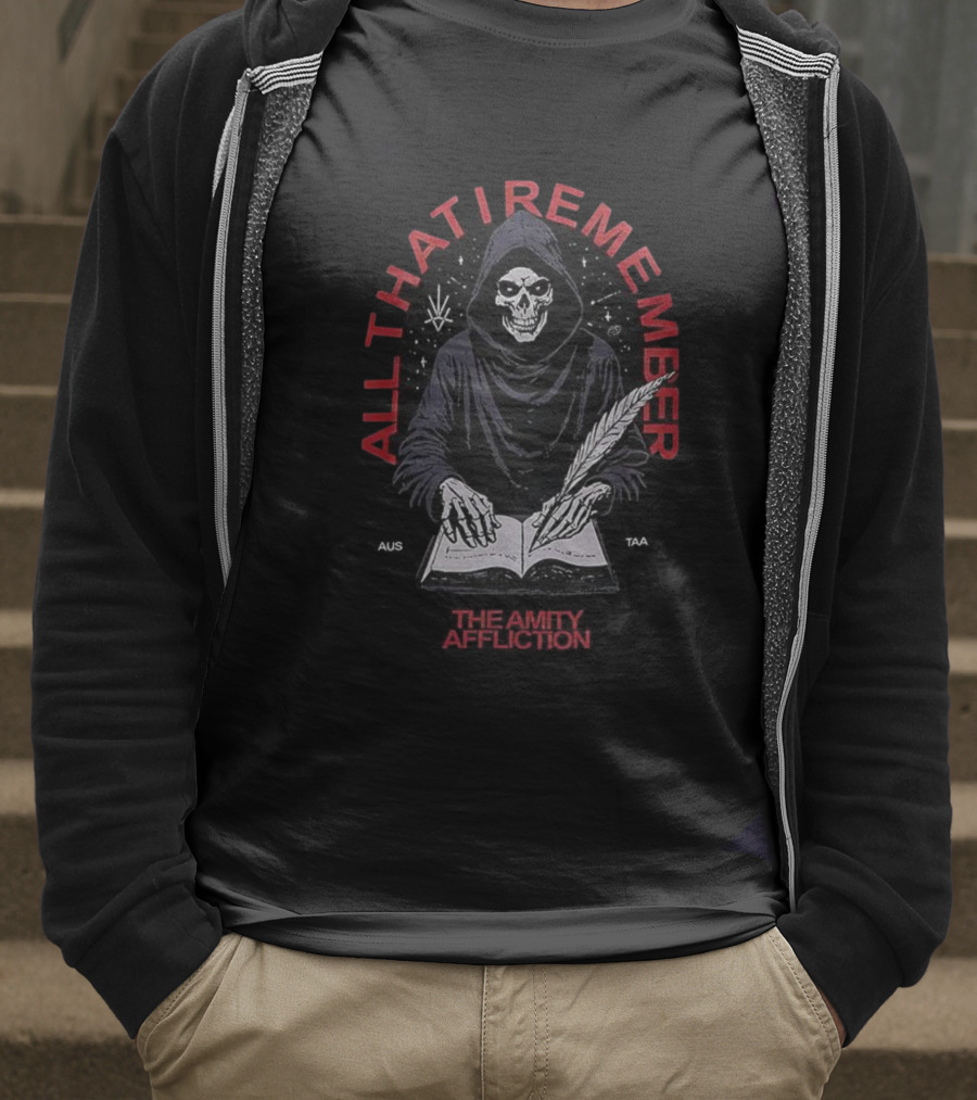 All That I Remember Skeleton Hooded Figure Writing The Amity Affliction T-Shirt