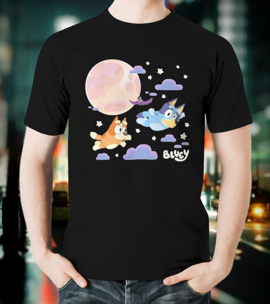 Bluey Sleepy Time Characters Flying With Moon And Stars T-Shirt