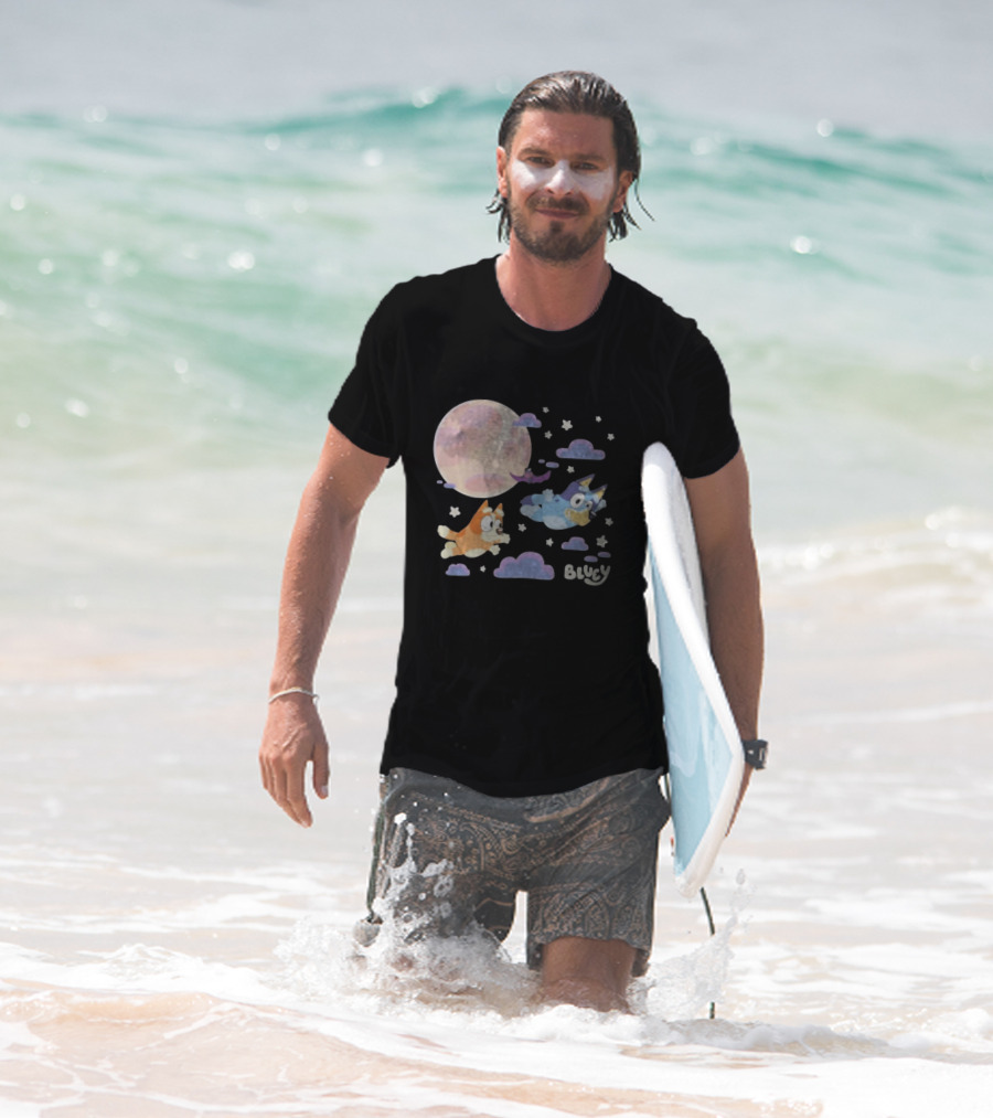 Bluey Sleepy Time Characters Flying With Moon And Stars T-Shirt