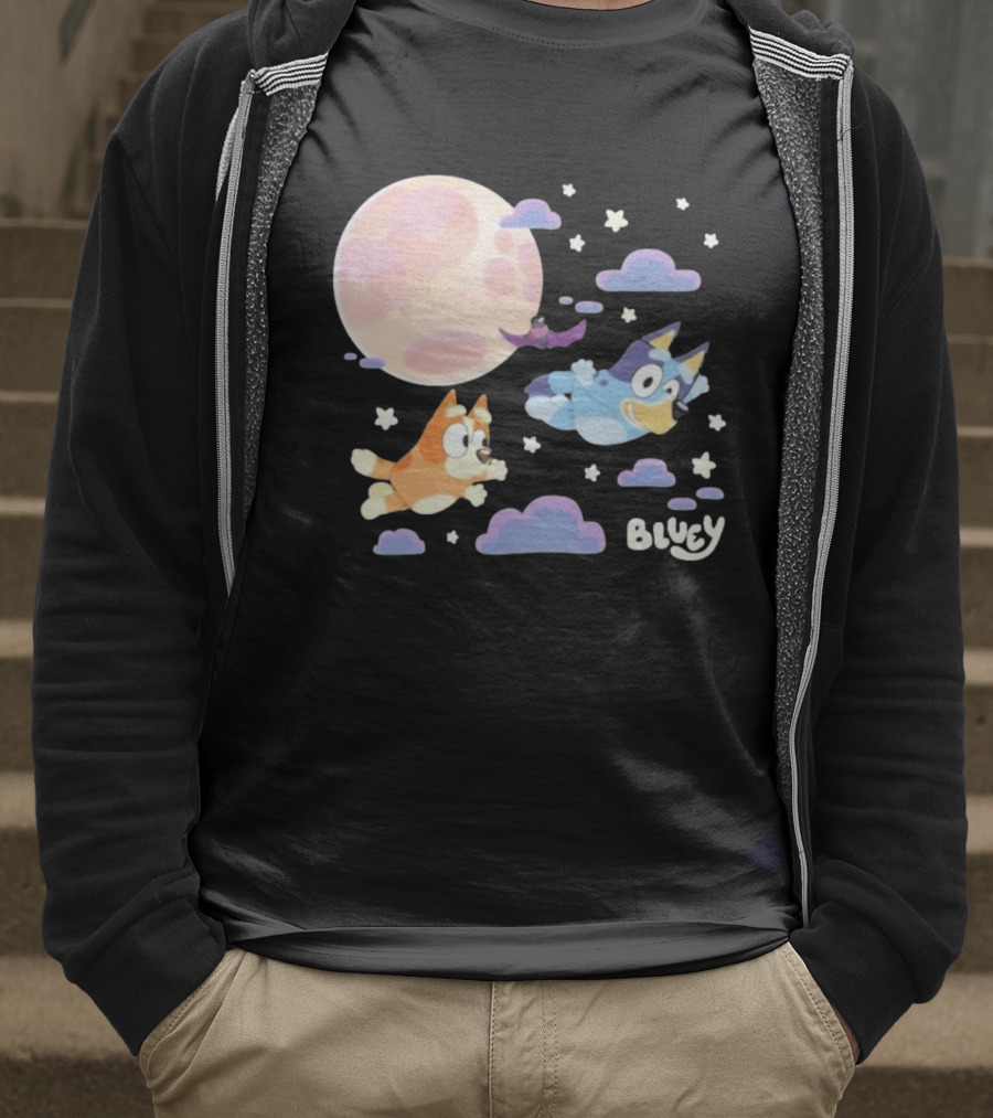 Bluey Sleepy Time Characters Flying With Moon And Stars T-Shirt