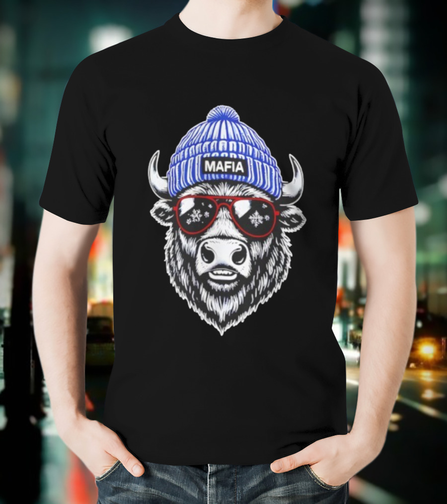 Buffalo Bills Mafia Winter Holiday Snowflake Sunglasses Knitted Hat Football Game Day T-Shirt