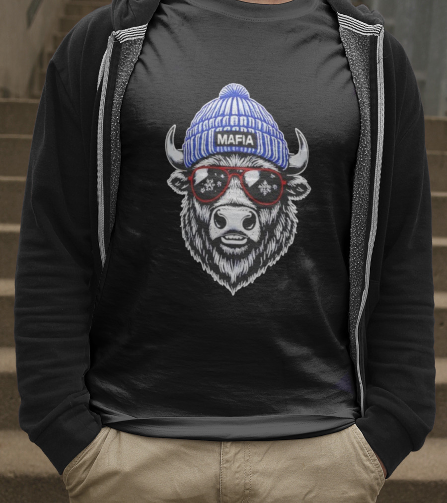 Buffalo Bills Mafia Winter Holiday Snowflake Sunglasses Knitted Hat Football Game Day T-Shirt