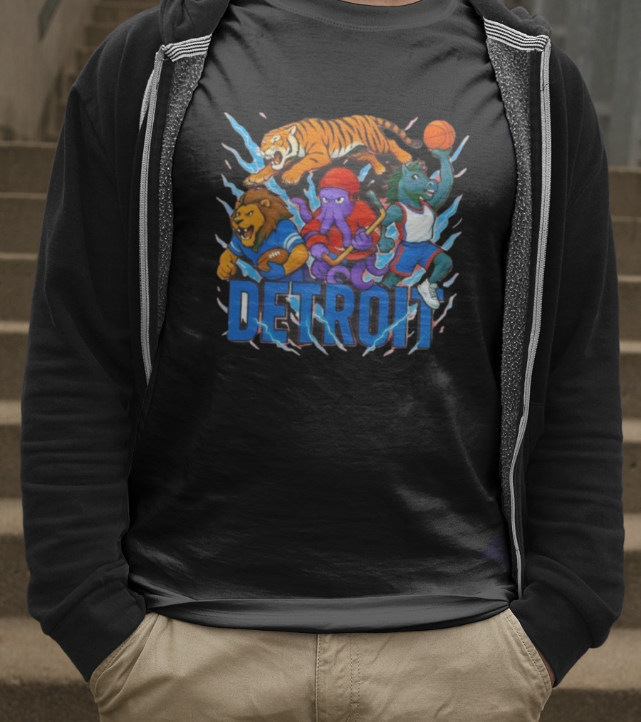 Detroit Lions Tigers Red Wings Pistons Mascots Team Spirit T-Shirt