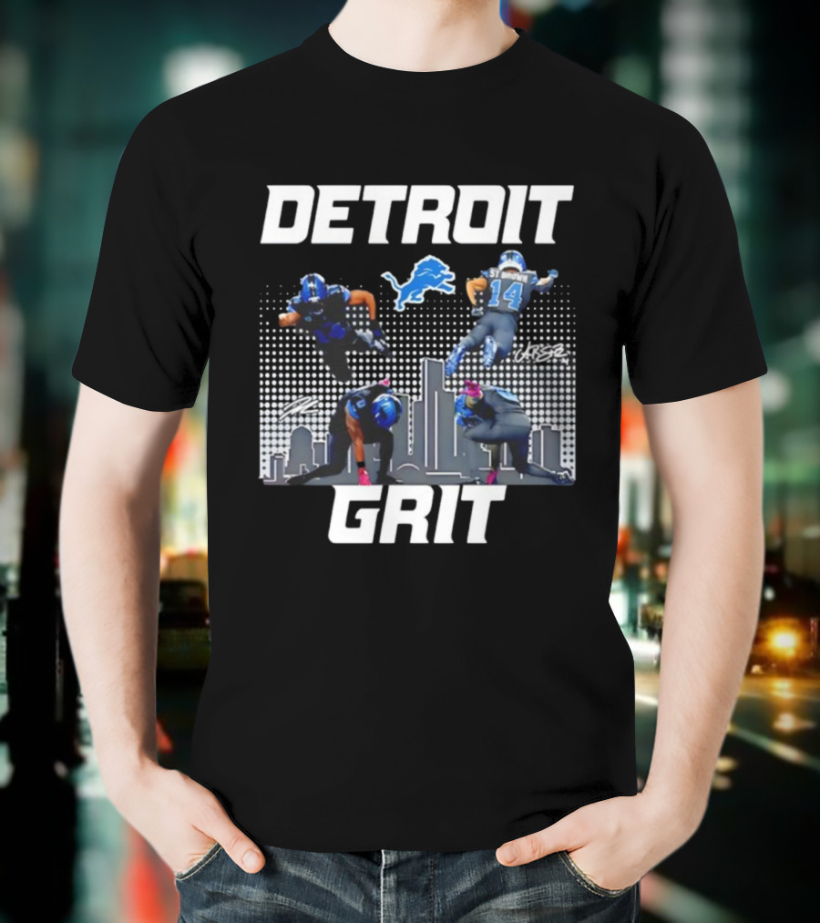 Detroit Grit Super Heroes Lions Skyline Football签名 T-Shirt