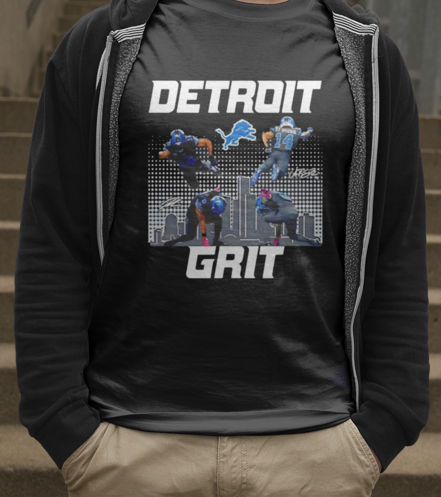 Detroit Grit Super Heroes Lions Skyline Football签名 T-Shirt