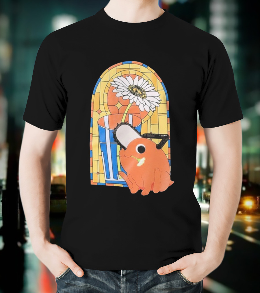 Chainsaw Man Pochita Stained Glass Flower And Chainsaw T-Shirt