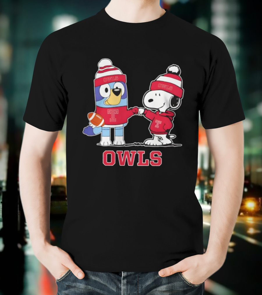Snoopy Bluey Temple Owls Football Collaboration T-Shirt