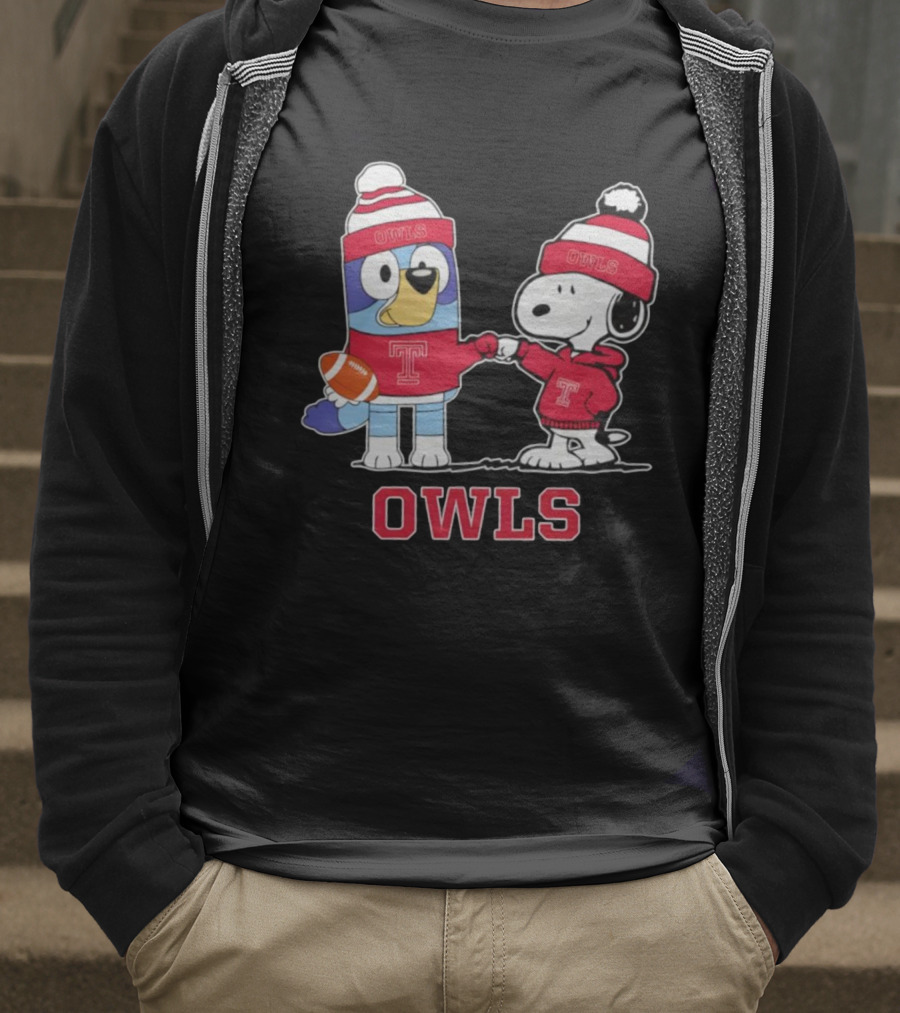 Snoopy Bluey Temple Owls Football Collaboration T-Shirt
