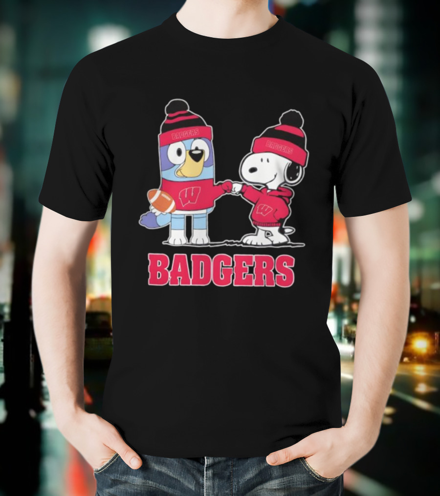 Snoopy Bluey Wisconsin Badgers Football Collaboration Fist Bump T-Shirt