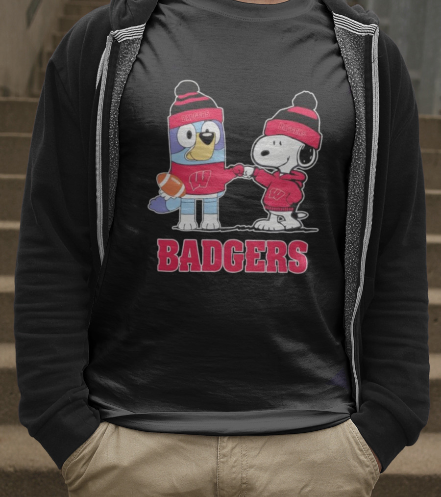 Snoopy Bluey Wisconsin Badgers Football Collaboration Fist Bump T-Shirt