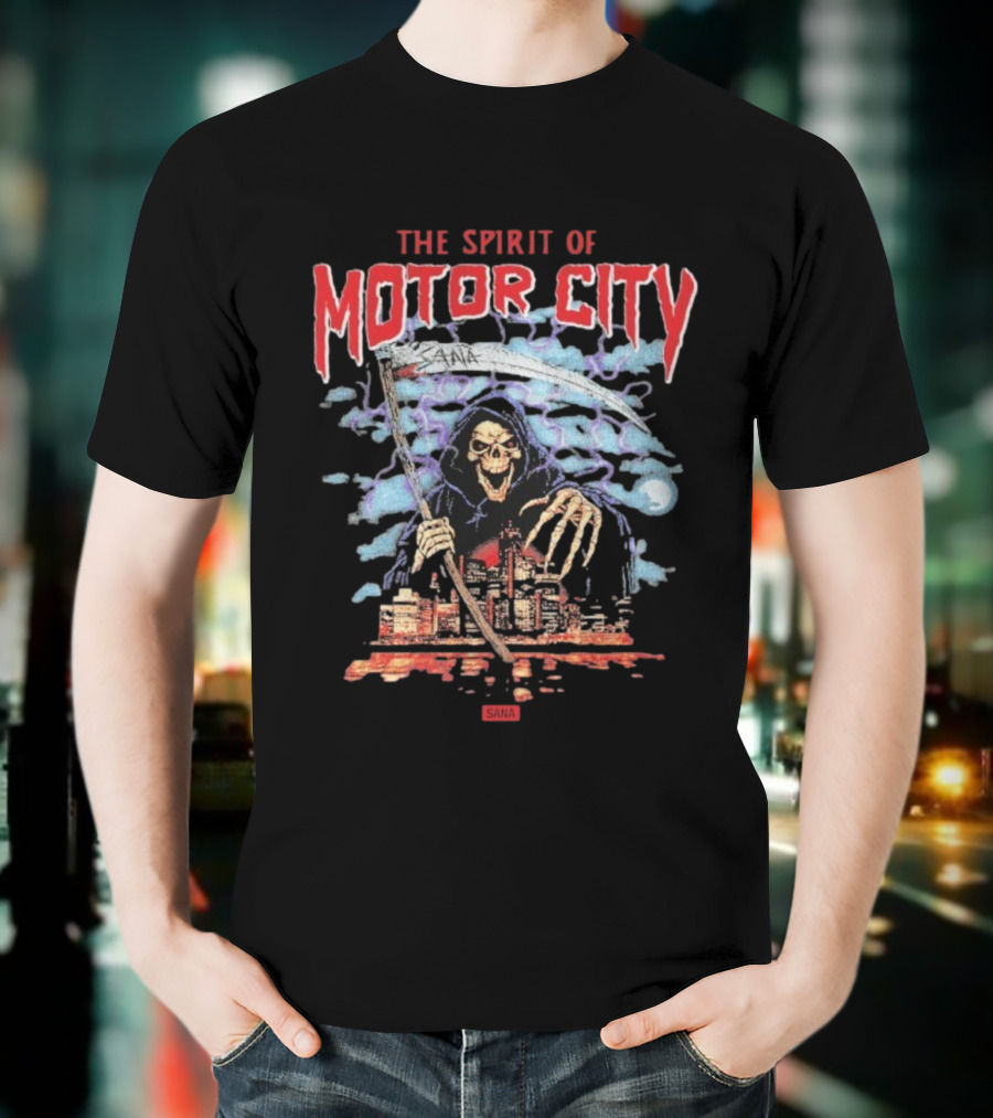 The Spirit Of Motor City Sana Grim Reaper Halloween Skeleton Scythe Urban Cityscape T-Shirt