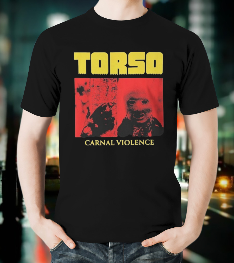 Torso Carnal Violence Horror Imagery Bold Yellow Text T-Shirt