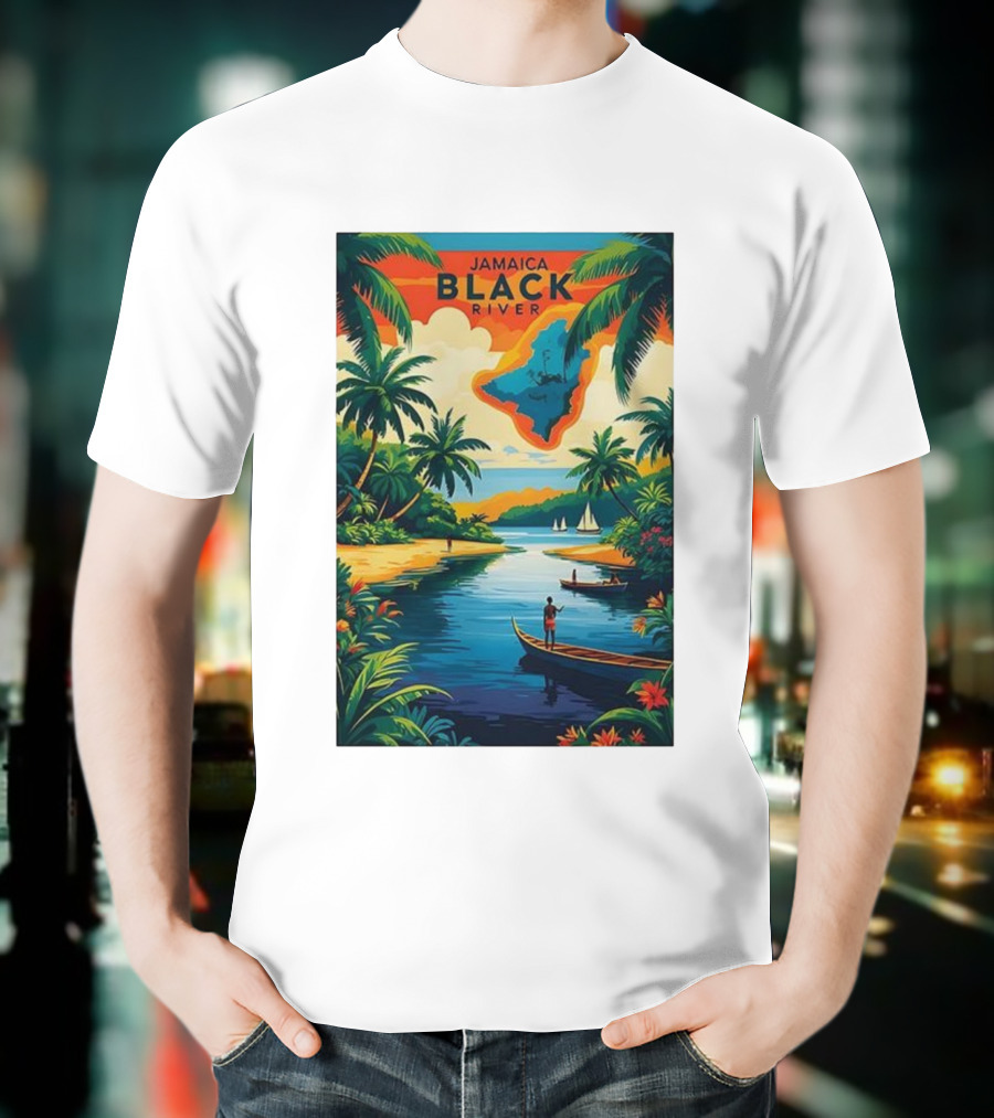 Jamaica Black River Vintage Travel Tropical Scenery With Palm Trees And Boats T-Shirt