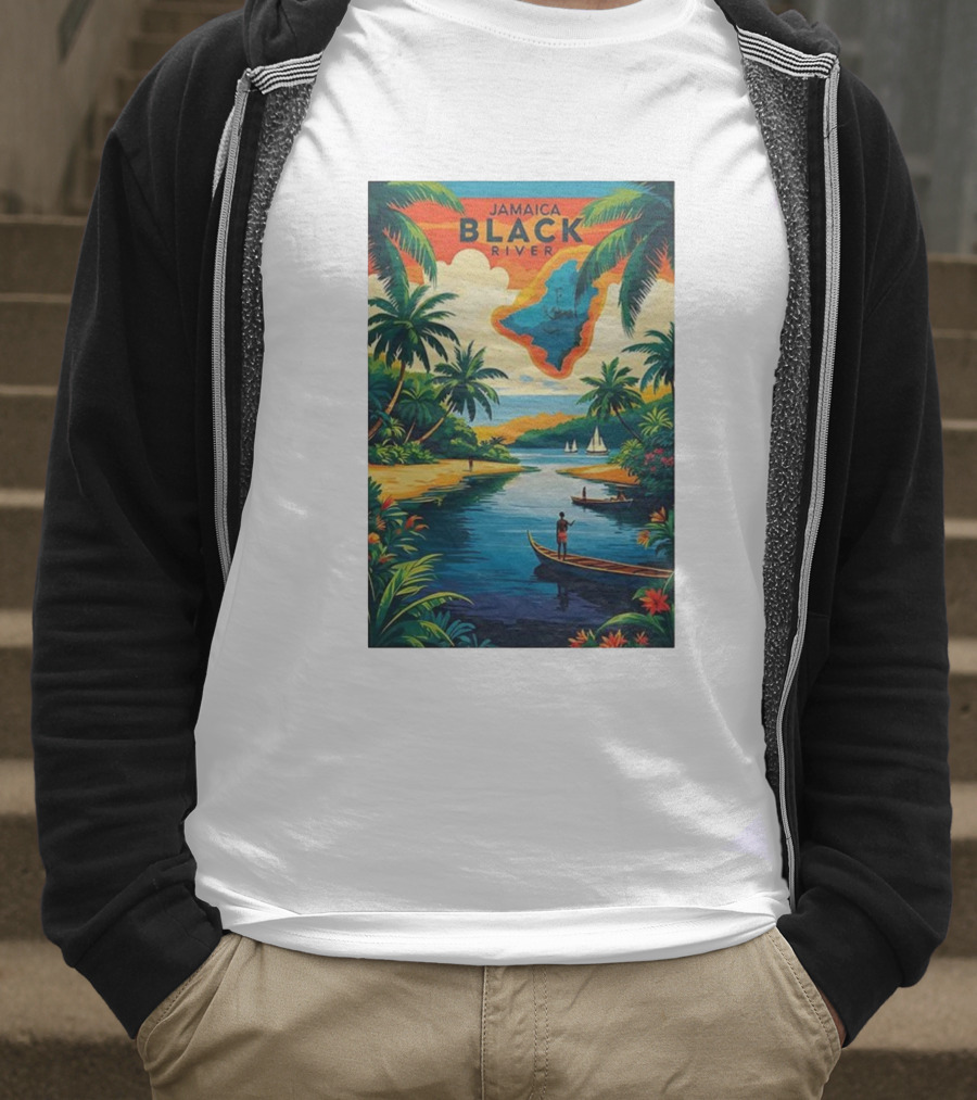 Jamaica Black River Vintage Travel Tropical Scenery With Palm Trees And Boats T-Shirt