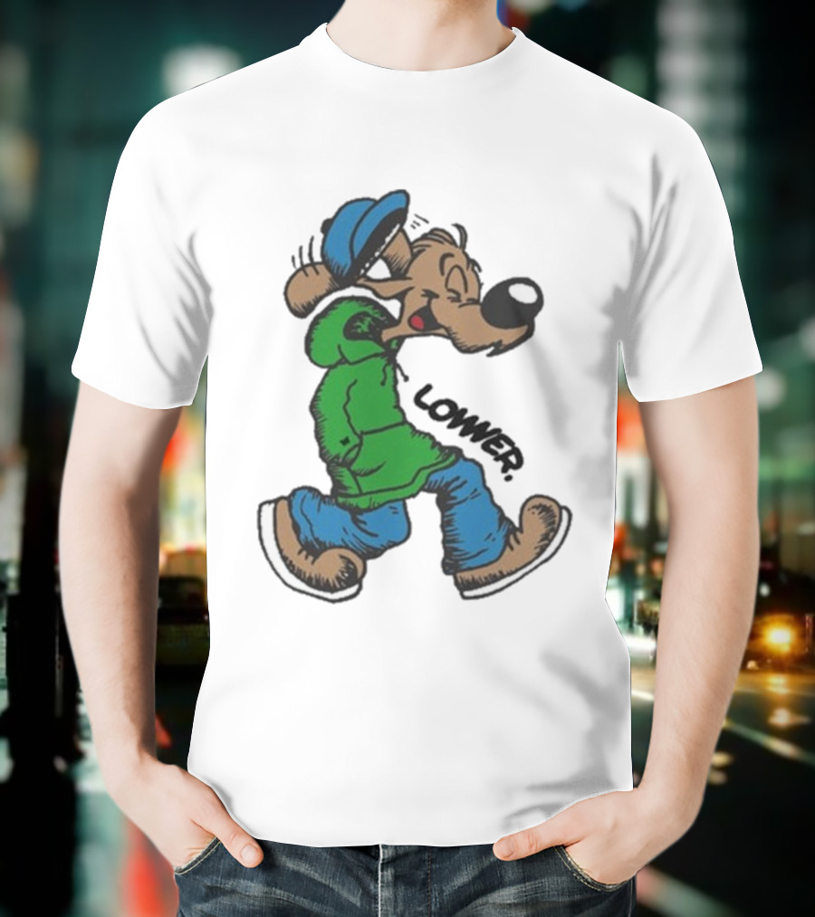 Lower Billie Hood Walkin Cartoon Character In Green And Blue Cap T-Shirt