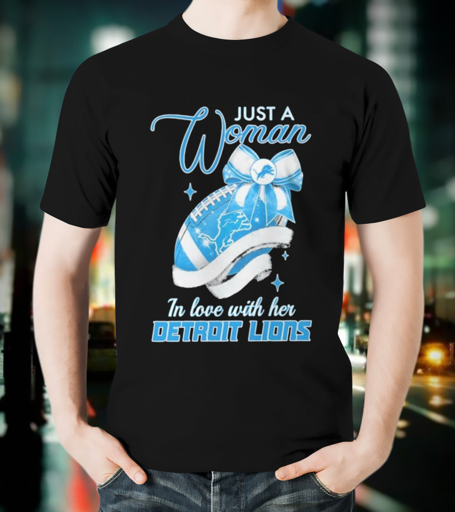 Just A Woman In Love With Her Detroit Lions Glittery Ribbon T-Shirt