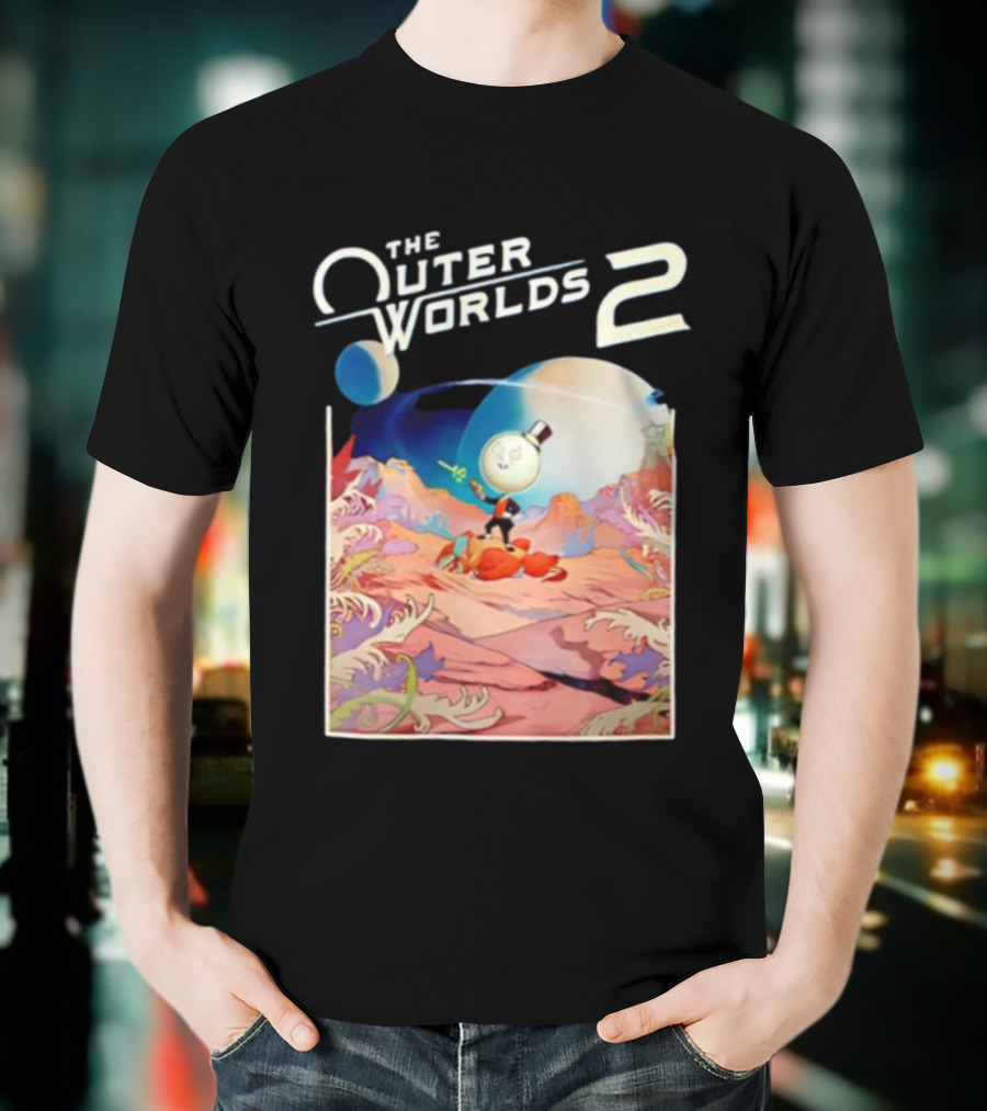The Outer Worlds 2 Surreal Landscape With Cartoon Character T-Shirt
