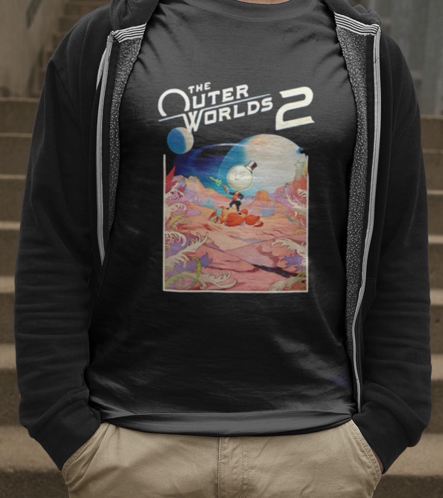 The Outer Worlds 2 Surreal Landscape With Cartoon Character T-Shirt