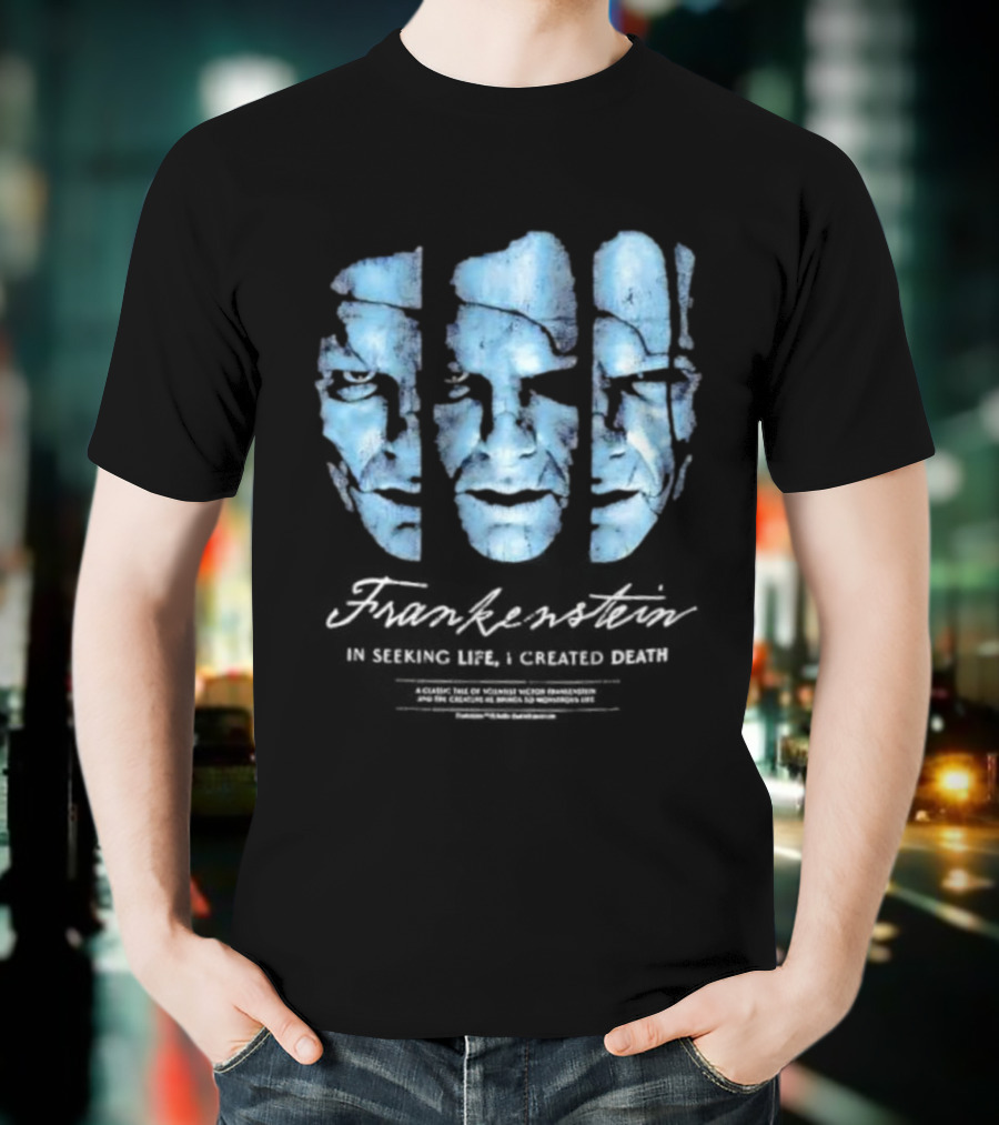 Frankenstein The Creature Seeking Life Created Death Split Face Design T-Shirt