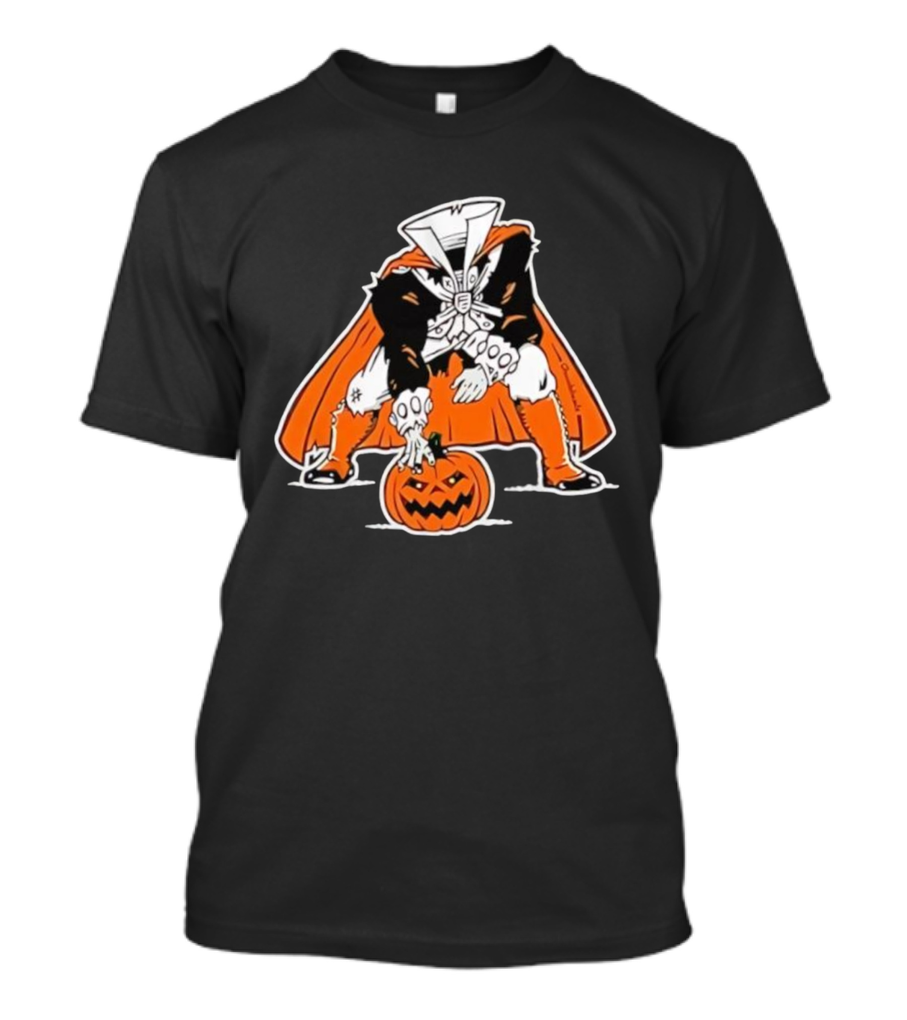 Headless Horseman Halloween Character With Pumpkin Jack O' Lantern Orange Cape Costume T-Shirt