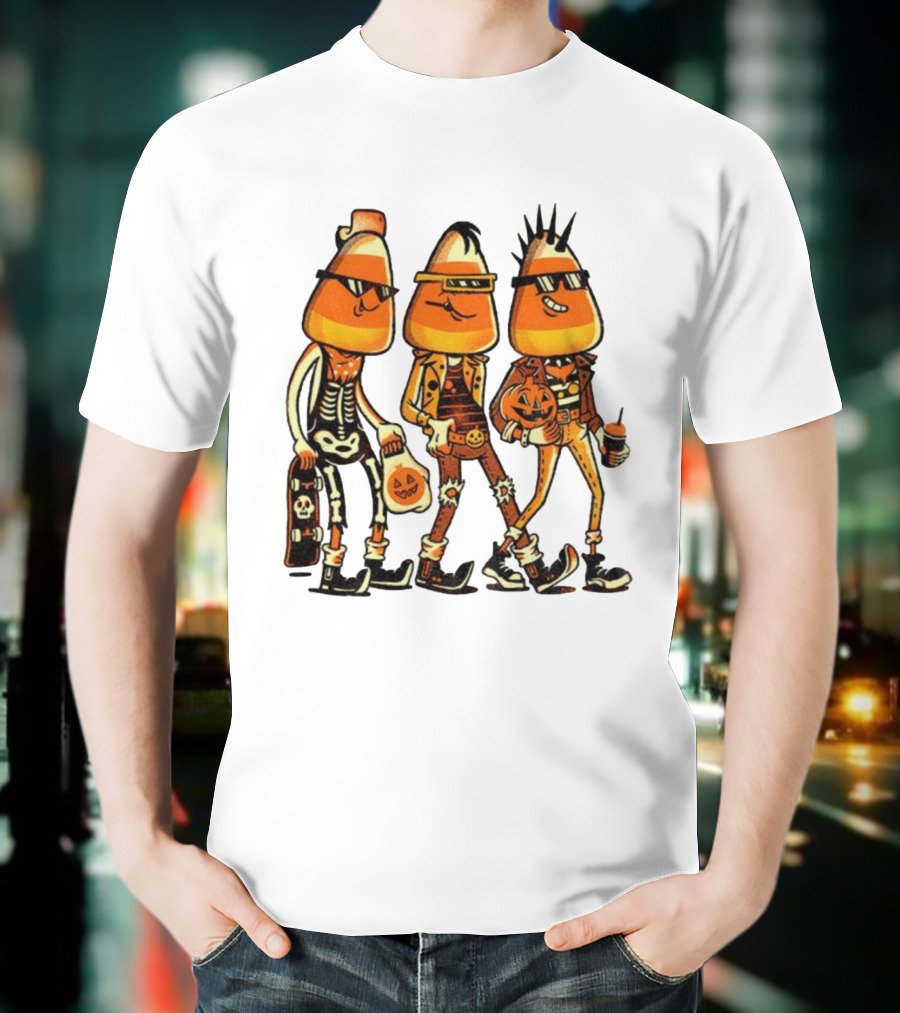 Candy Corn Punk Rock Skeleton Pumpkin Halloween Characters T-Shirt