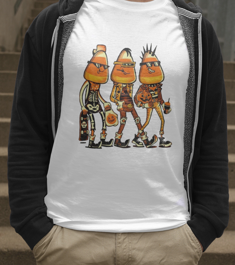 Candy Corn Punk Rock Skeleton Pumpkin Halloween Characters T-Shirt