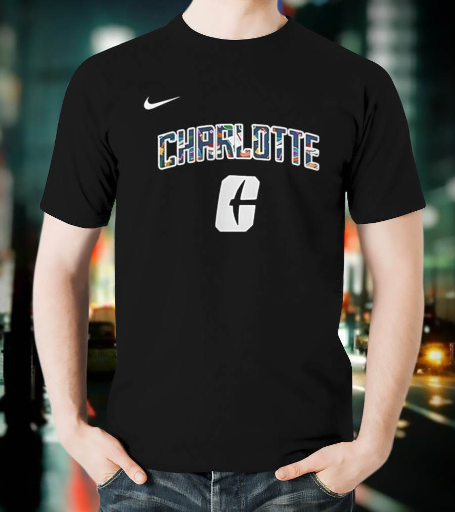 Charlotte C Logo With Nike Swoosh Multicolor Lettering T-Shirt