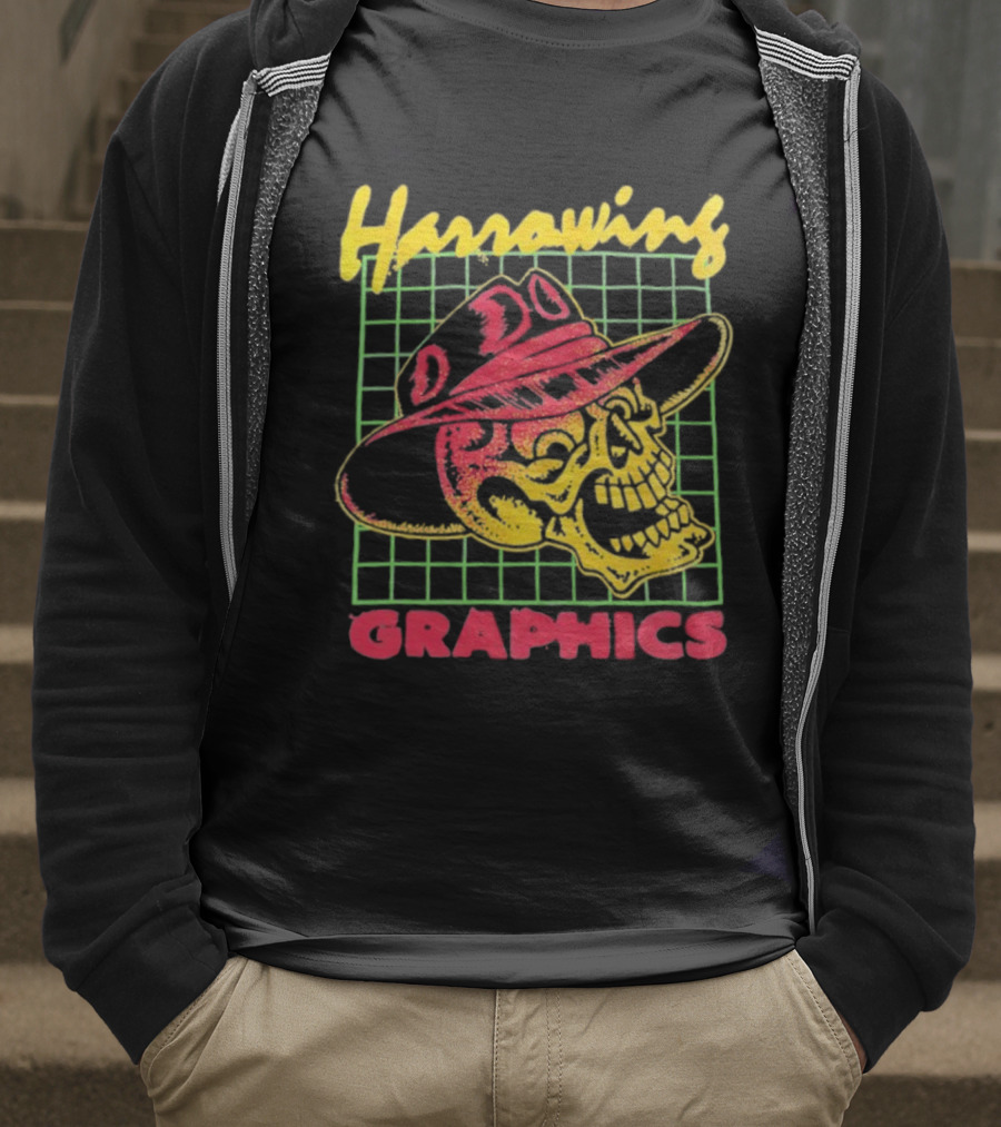 Harrowing Skull Cowboy Hat Graphics Retro Neon Style T-Shirt