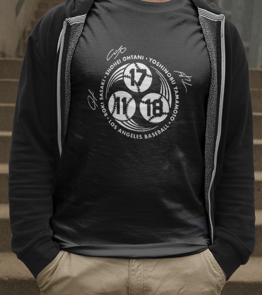 Shohei Ohtani Yoshinobu Yamamoto Roki Sasaki Los Angeles Baseball Signatures 17 11 18 T-Shirt
