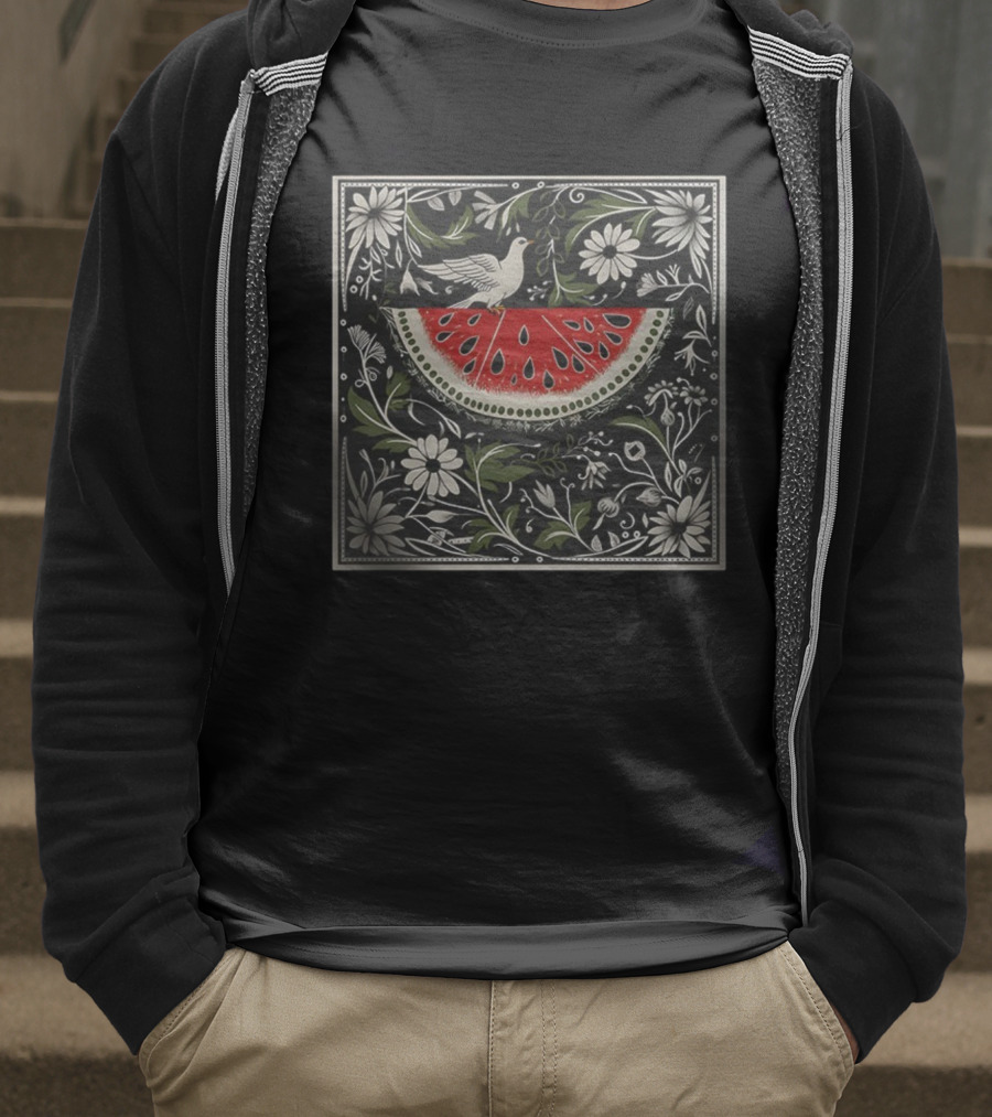 Watermelon Slice Dove Floral Pattern Palestine Solidarity T-Shirt