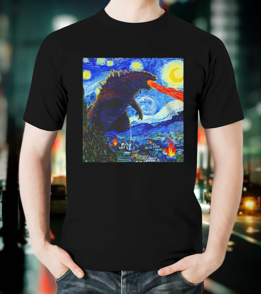 Godzilla Van Gogh Starry Night Mashup Scene T-Shirt