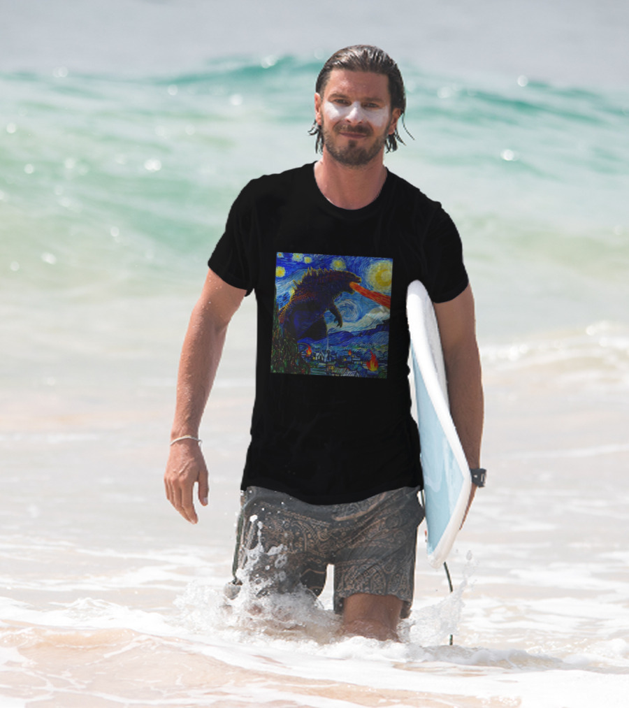 Godzilla Van Gogh Starry Night Mashup Scene T-Shirt