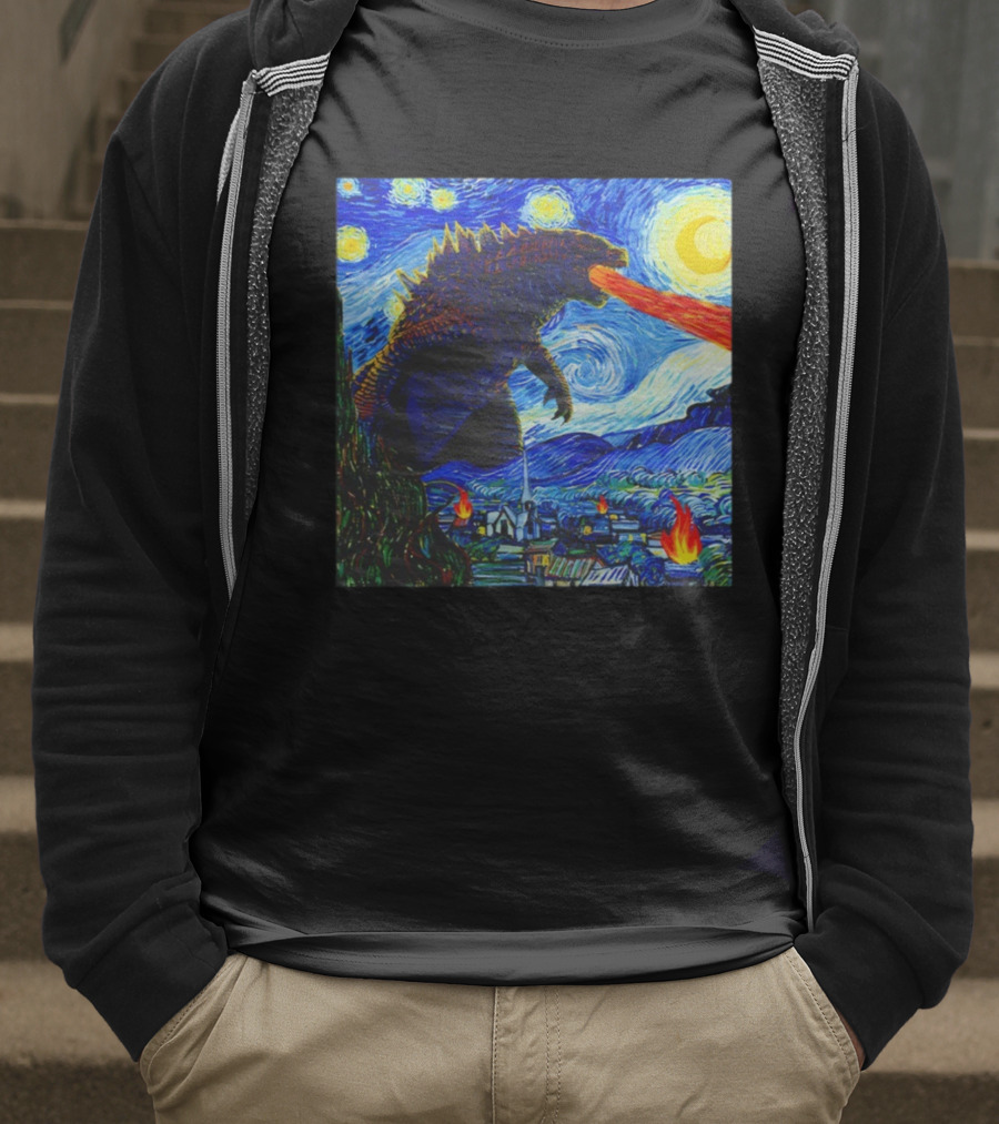 Godzilla Van Gogh Starry Night Mashup Scene T-Shirt