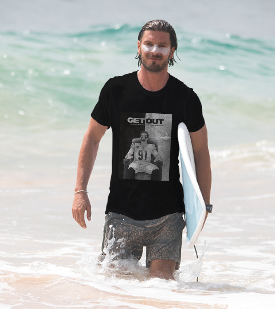 Get Out Just Because He's In Cincy Doesn't Mean He Belongs There 91 Football Player In Chair T-Shirt