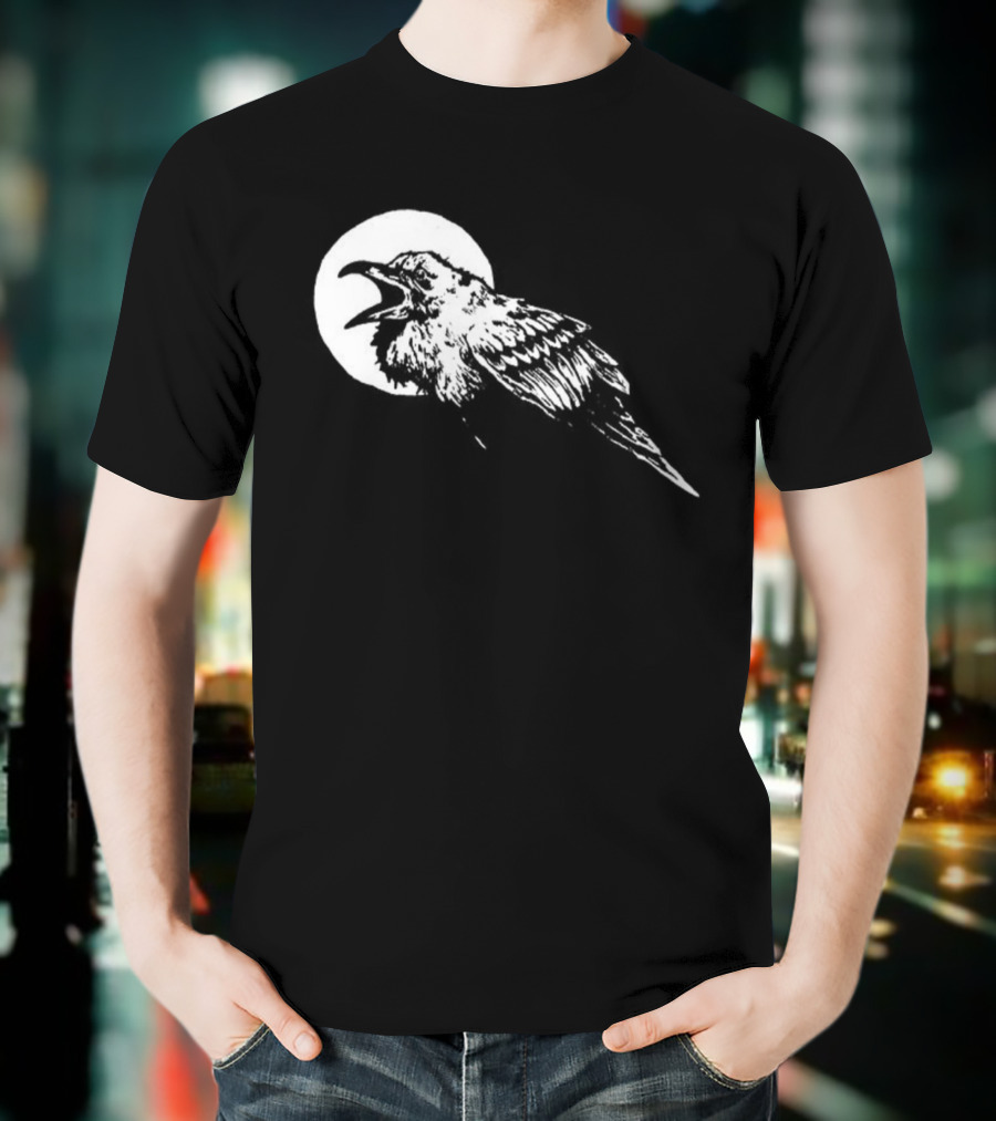 Raven Crow F Caw F Vintage Retro Bird Full Moon Silhouette In Flight T-Shirt